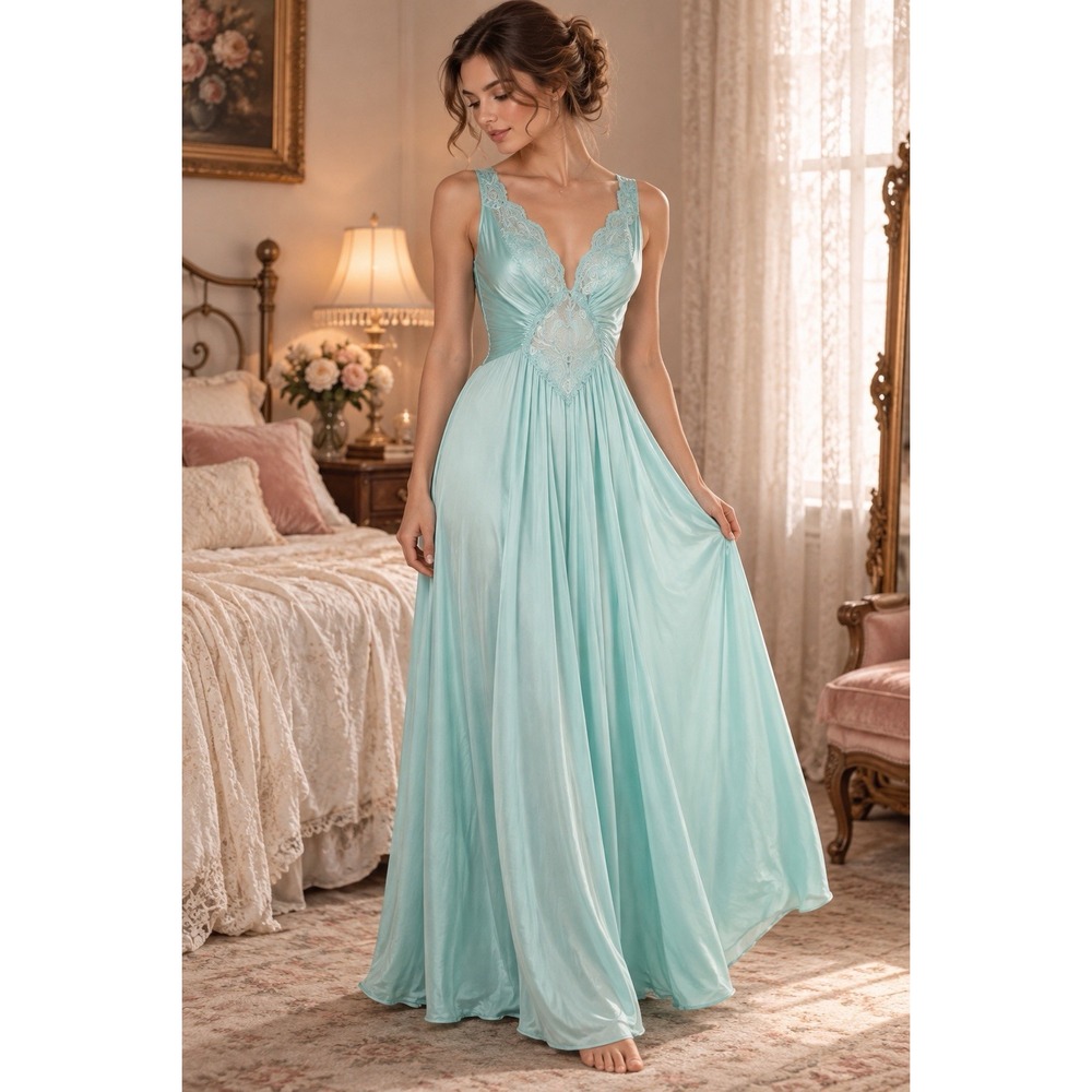 VTG Olga 92270 Nightgown Large Aqua Lace Grand Sweep Nylon Maxi USA 70s 80s